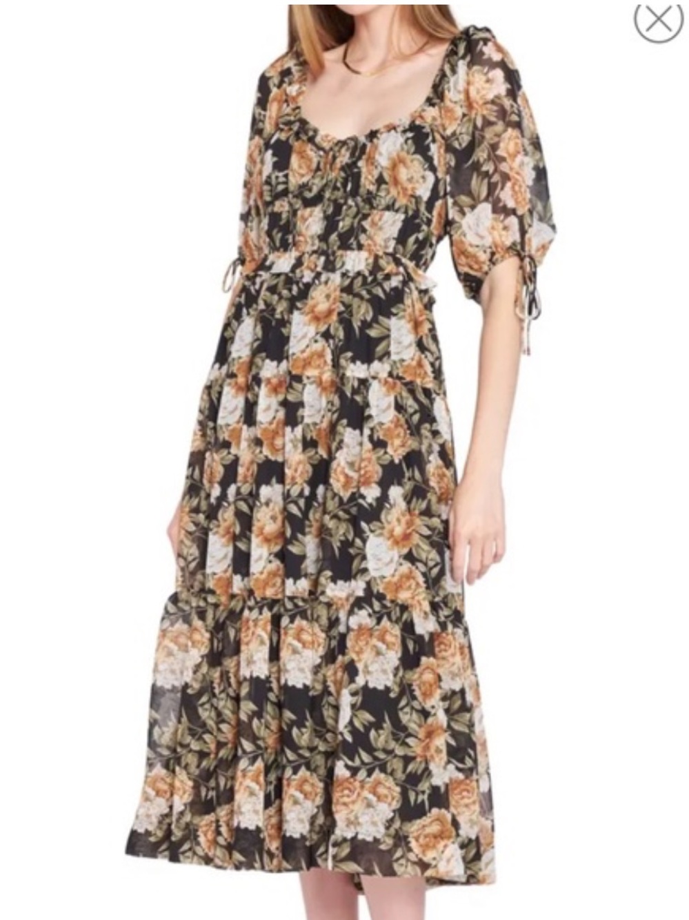 En Saison Meadow Poplin Puff-Sleeve Tiered Midi Dress (Elegant Floral) XS
